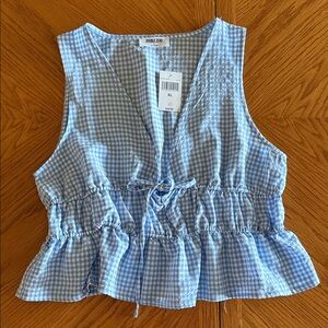 Double Zero Light Blue Gingham Tie-Front Peplum Tank